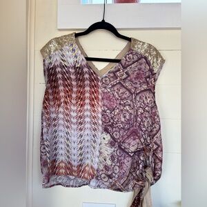 Tiny by Anthropologie Mixed-Print V-Neck Blouse with Sequin Shoulders